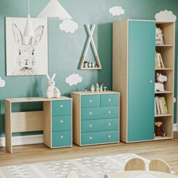 Junior Vida Neptune 3 Piece Bedroom Set, Blue & Oak (Desk, Drawer Chest, Wardrobe) Blue Blue & Oak 3