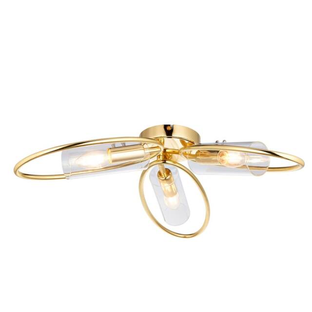 Amari Multi Arm Glass Semi Flush Ceiling Lamp, Polished Brass Plate, Glass
