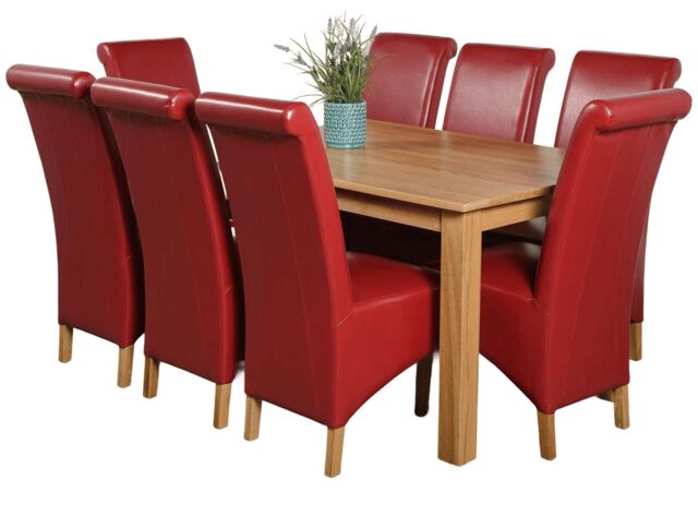 Oslo 180 x 90 cm Large Oak Dining Table and 8 Montana Leather Chairs Red Red