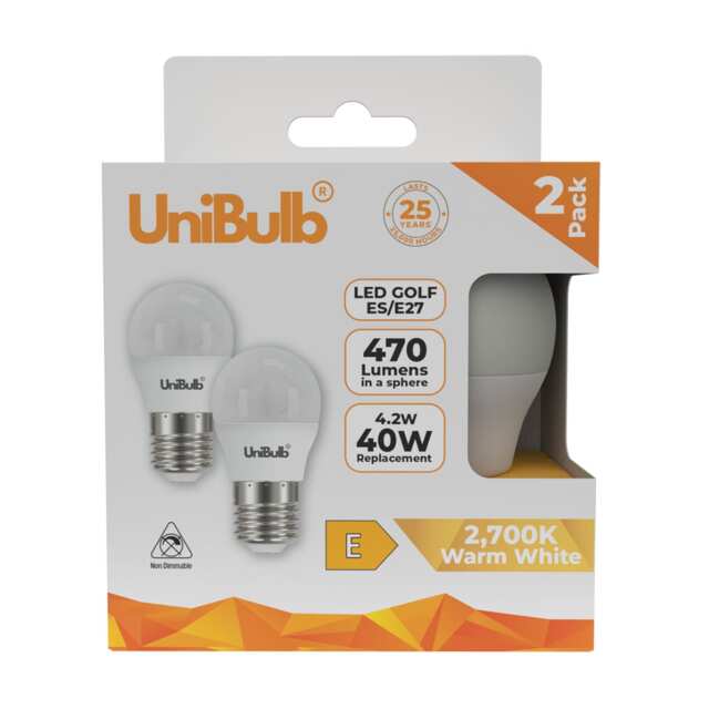 UniBulb LED Golf Ball E27 Edison Screw (ES) 470lm 4.2W (Replaces 40W) 2700K (Warm White) Light Bulb - Pack of 2 White Warm White 2