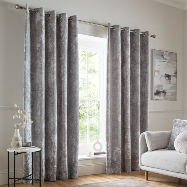 Catherine Lansfield Crushed Velvet Lined Eyelet Curtains Silver Silver Grey