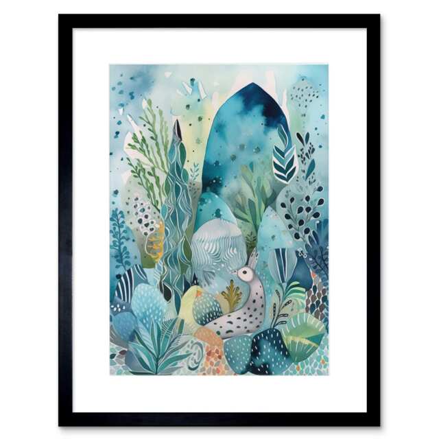 "Coastal Plants Animals Folk Art Watercolour Painting 9x7"" Black Framed Wall Art Print"