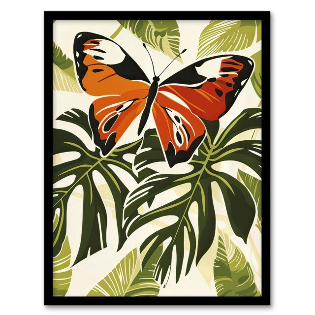 Orange Monarch Butterfly On Monstera Plant Black Framed Wall Art Print A4