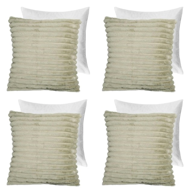 OHS 4 x Faux Fur Matte Velvet Fleece Thick Ribbed Filled Cushions, 45x45cm - Sage Green Green Sage 45 x 45cm 4