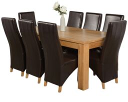 Dakota 182 x 92cm Oak Large Dining Table and 8 Lola Leather Chairs Brown Brown