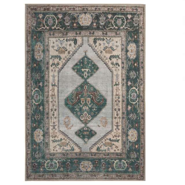 KUKOON Deep Green Cream Medallion Non Slip Washable Low Pile Rug 120cm x 170cm Green