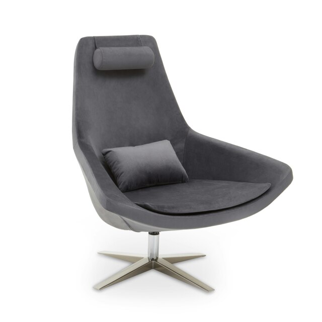 Orsina Grey Curved Velvet Arm Chair with Lumbar Cushion and Headrest, Lounge Chair with Sturdy Base for Home, Office