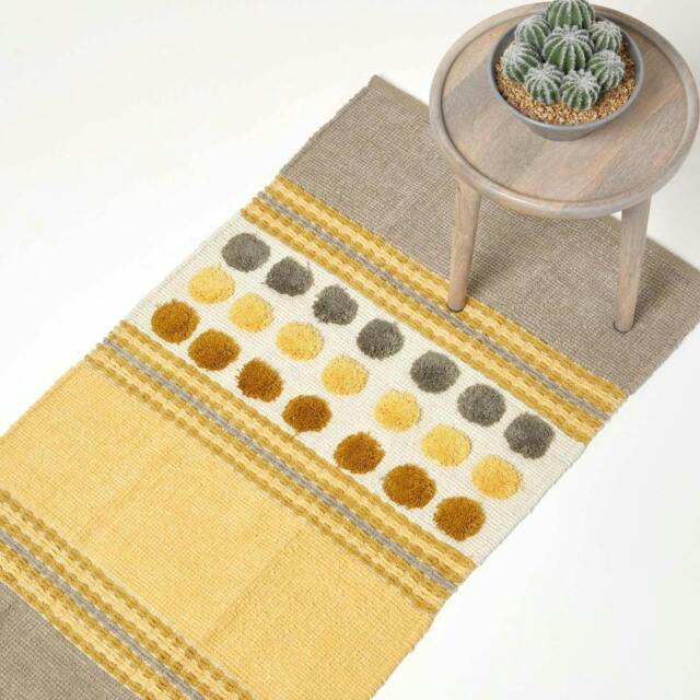 Homescapes Cotton Chenille Striped Tufted Circle Runner Grey Mustard Yellow - 66 x 200 cm Yellow Grey & mustard yellow/ochre yellow