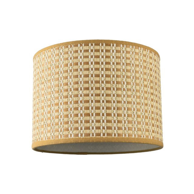 Vintage Reeded Paper Round Lamp Shade with Taupe Cotton Fabric Trims Cream Taupe 1