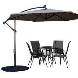 Outdoor 4 Person Round Glass Top Garden Dining Table Chairs With Grey Banana Lit Parasol and Base