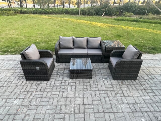 Fimous Garden Furniture Sets 5 Seater Wicker Rattan Furniture Patio Sofa Sets with Reclining Chair 3 Seater Sofa Side Table Dark Grey Mixed