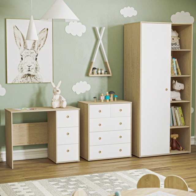 Junior Vida Neptune 3 Piece Bedroom Set, White & Oak (Desk, Bedside Table, Wardrobe) White White