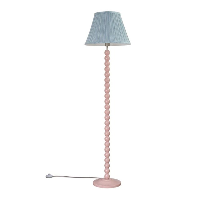ValueLights Bobbles Rose Pink Floor Lamp Blue Pleat Shade and Bulb
