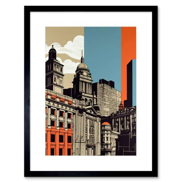 "Leeds Modern Colour Block Cityscape 9x7"" Black Framed Wall Art Print"