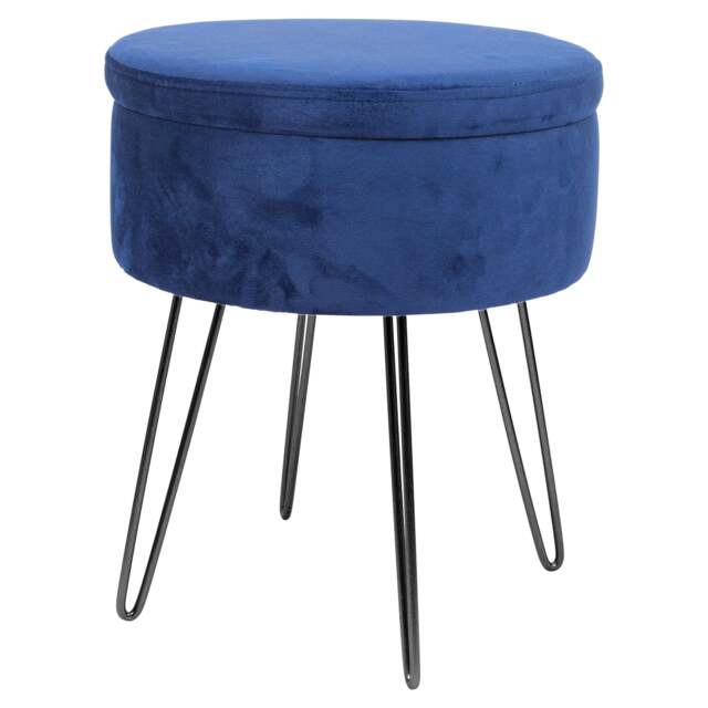 Harbour Housewares Velvet Storage Footstool - Round Modern Dressing Table Footstool Vanity Seat Chair - 45 x 36cm - Blue/Black Blue Blue/Black Pack of 1 1