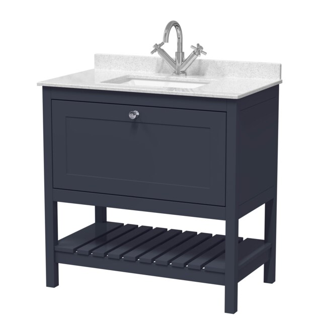 Traditional Furniture Floor Standing 1 Drawer Vanity & 1 Tap Hole Marble Worktop & Basin, 800mm, Indigo Blue Multi