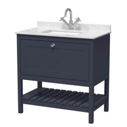 Traditional Furniture Floor Standing 1 Drawer Vanity & 1 Tap Hole Marble Worktop & Basin, 800mm, Indigo Blue Multi