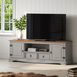 Mercers Furniture Corona Grey Wax Large Widescreen TV Unit 2 Door 2 Drawer Media Television Stand Long Wide Solid Wood Pine Wooden with Mexican Styling
