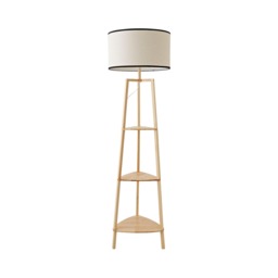 ValueLights Hiru Natural 3 Tier Shelf Floor Lamp Black Trim Linen Shade Brown Black