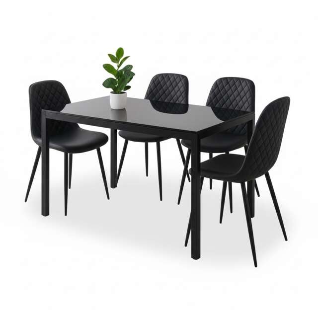 Black Glass Dining Table Set With 4 Black Chairs Home Dining Kitchen Furniture