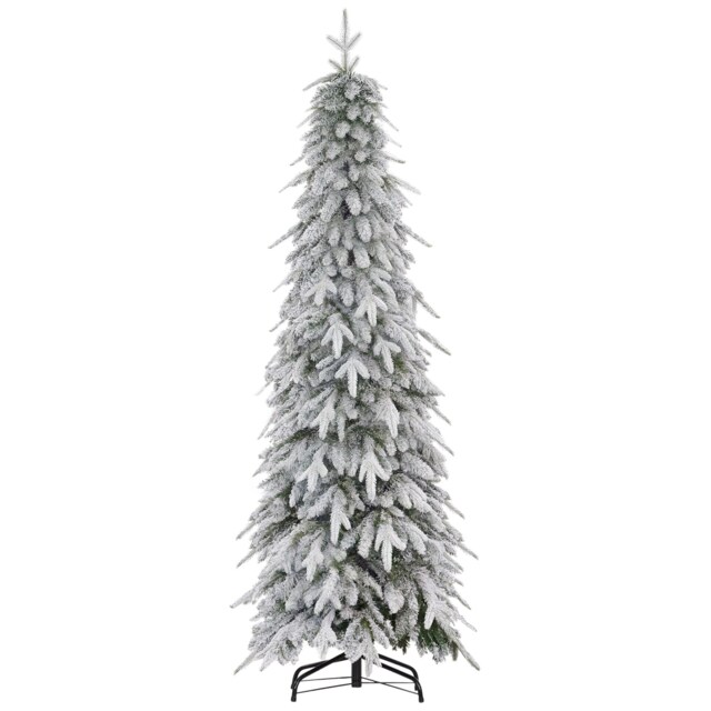 HOMCOM 6ft Pencil Artificial Christmas Tree, Snow Flocked mas Tree with Downswept Branches and 600 Tips, Auto Open, Steel Base, Holiday Decoration for Home Office, Green
