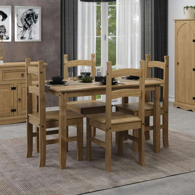 Premium Corona Rectangular Dining Set with Table and 4 Chairs in Grey or Brown Waxed Pine - Solid Wood Brown Brown 1