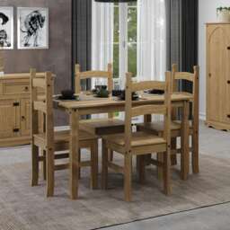 Premium Corona Rectangular Dining Set with Table and 4 Chairs in Grey or Brown Waxed Pine - Solid Wood Brown Brown 1