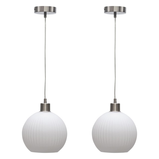 Set of 2 Betchley - White Ribbed Glass Globe with Satin Nickel Pendant White White glass with satin nickel plate detail Small 2