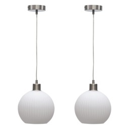 Set of 2 Betchley - White Ribbed Glass Globe with Satin Nickel Pendant White White glass with satin nickel plate detail Small 2