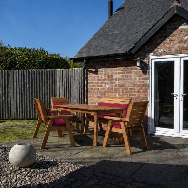 Handmade 6 Seater Chunky Rustic Wooden Garden Furniture Set. Table, Chairs & Burgundy Cushions