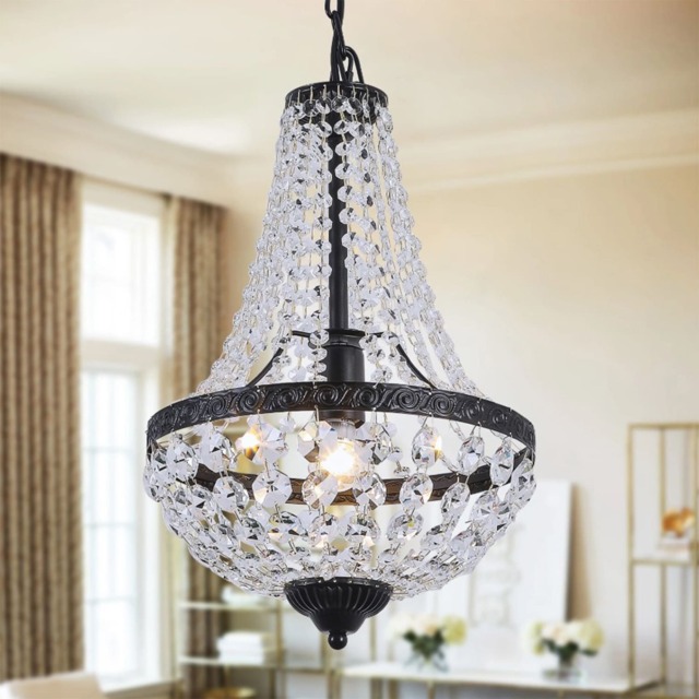 Crystal Chandelier Ceiling Light Pendant Light Black Height Adjustable E27