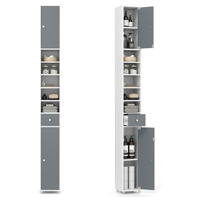 COSTWAY Slim Bathroom Cabinet Floor Storage Organizer White Grey 1