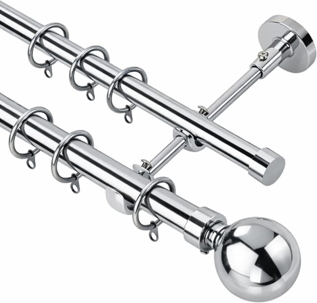 Lister Cartwright Double Curtain Fixed Pole Set with Chrome Ball Finials - 19mm and 28mm Metal Poles(400 cm)