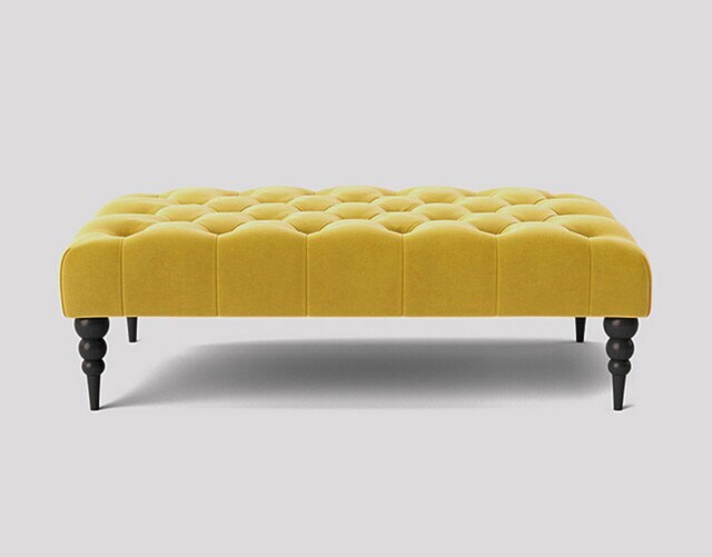 Alyana 90cm Rectangle Ottoman Bench with Wooden Legs- Mustard Gold Plush Velvet Chesterfield Upholstered Footstool