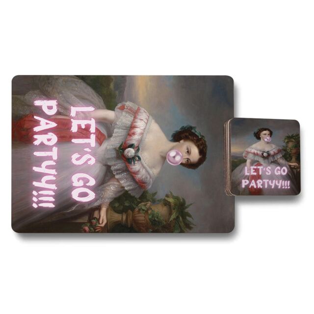 Set Of 12 Placemats And Coasters With Designer Artwork And Wood Bottom