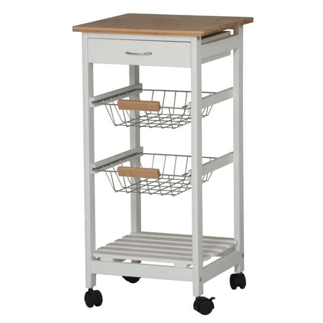 3 Tier Portable Oasis Bamboo Top MDF Kitchen Trolley Drawer Shelf Cart on Wheels White White