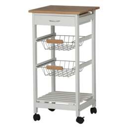 3 Tier Portable Oasis Bamboo Top MDF Kitchen Trolley Drawer Shelf Cart on Wheels White White