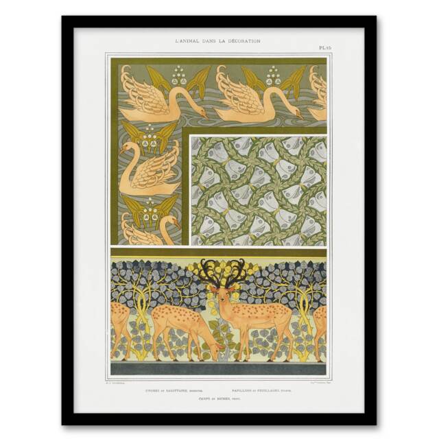"Swans Butterflies Deer Patterns Vintage Framed Wall Art Print Verneuil 12x16"""