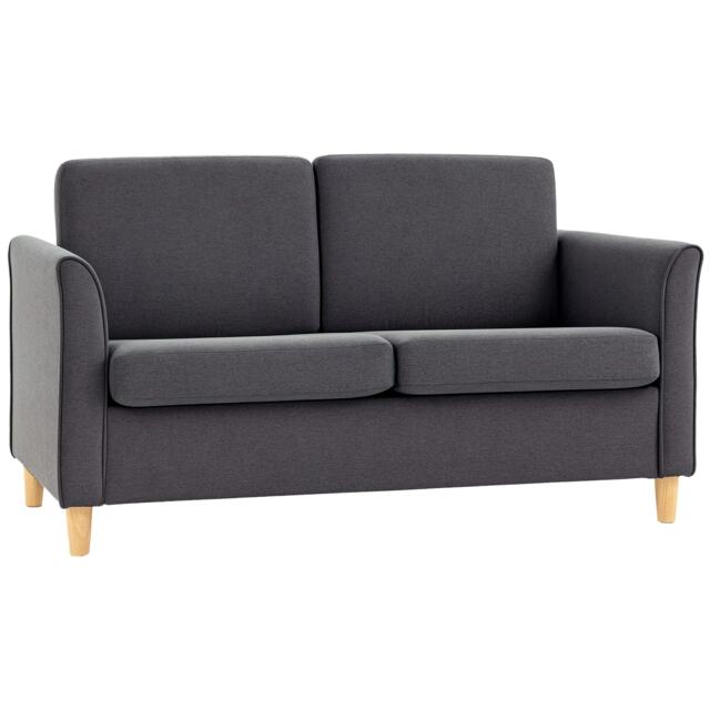 HOMCOM 2 Seater Sofa, Compact Loveseat, Linen Upholstered Couch with Wood Legs and Armrest, Small Sofa for Living Room and Home Office Dark Grey