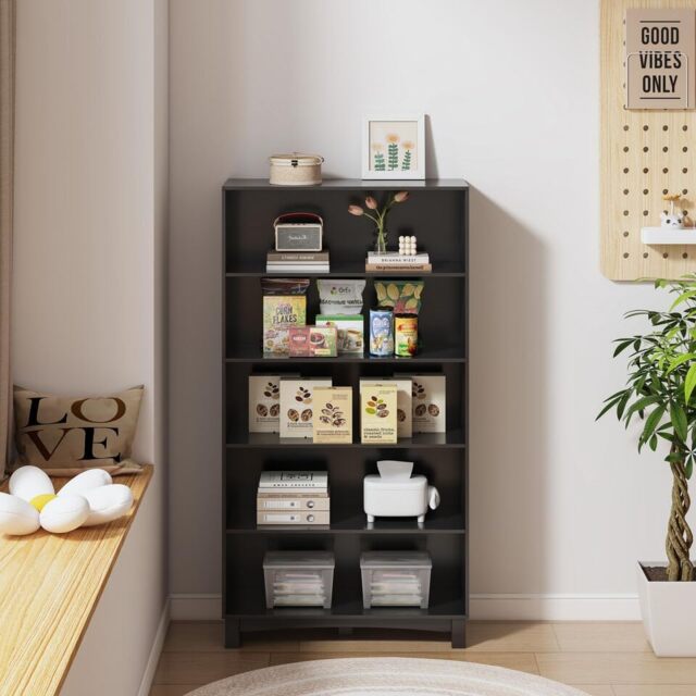 Wide Shelf Tier Wooden Bookcase Shelving Modern Open Display Storage Cabinet Black Black 5 Tier Wide 1