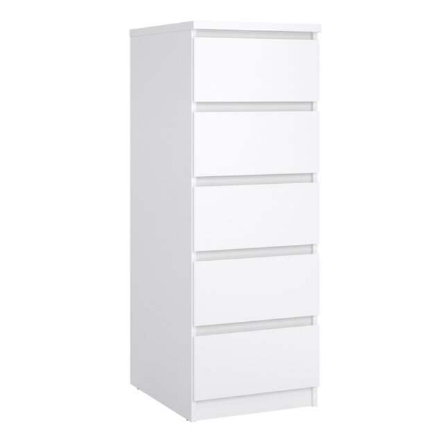 Naia Narrow Chest of 5 Drawers in White High Gloss