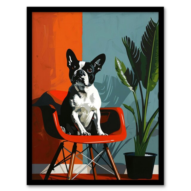 French Bulldog Chair Potted Plant Portrait Black Framed Wall Art Print A4