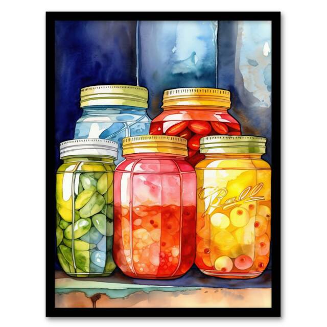 Glass Jars Olives Kitchen Home Decor Black Framed Wall Art Print A4