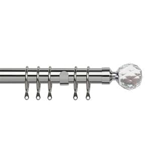 25-28mm Crystal End Chrome Metal Curtain Pole Set 200 - 380cm Silver Silver