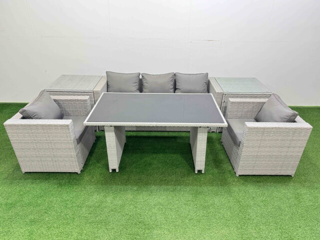 Fimous Patio Garden Furniture Sets with Black Glass Top Dining Table Armchair 3 Seater Sofa 2 Side Tables Light Grey