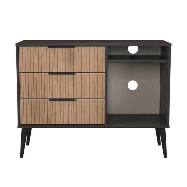 Fuji 3 Drawer TV Unit in Slatted Effect & Graphite (Ready Assembled) Grey Slatted Effect & Graphite