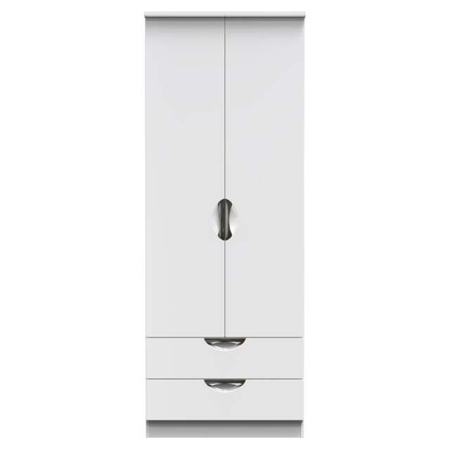 Holborn 2 Drawer Double Wardrobe in White Gloss & White (Ready Assembled) White White Gloss & White