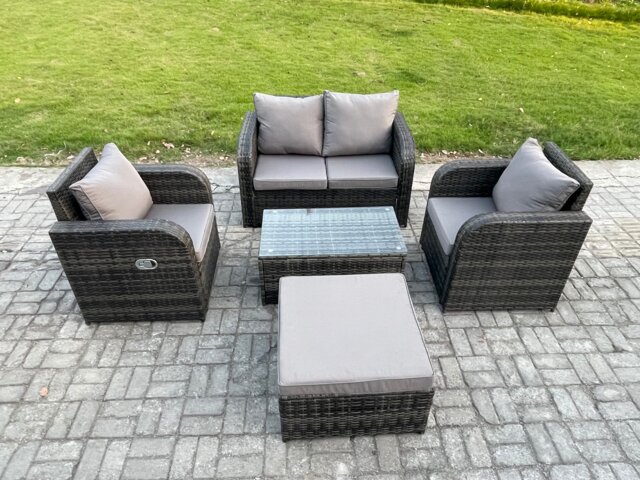 Fimous 5 PC Outdoor PE Rattan Garden Furniture Set Wicker Love Sofa Coffee Table 2 Armchair Big Footstool Dark Grey Mixed