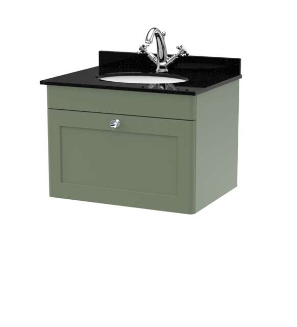 Balterley Swynnerton Traditional 1 Drawer Wall Hung Vanity Unit with Marble Basin, Satin Green, 600mm