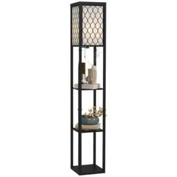 HOMCOM Floor Lamp with Shelves, Modern Tall Standing Lamps with Fabric Lampshade, Chain Switch and Single Light for Living Room, Bedroom, Bulb not Included, Black